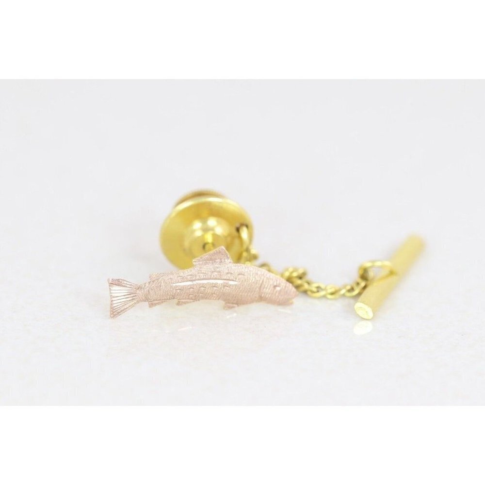 Mens 10k Rose Gold Fish Tie Tack Pin Lapel Pin Rainbow Trout Bass Salmon - Picture 3 of 7